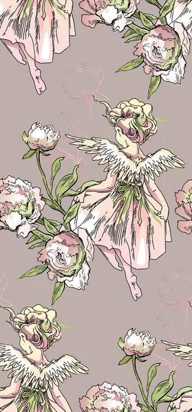 Angel en bloemen naadloze patroon — Stockvector