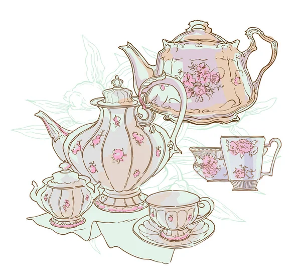 Tea set servizio vettoriale illustrazione . — Vettoriale Stock