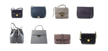 renk deri kadın çanta grup izole beyaz arka plan üzerinde