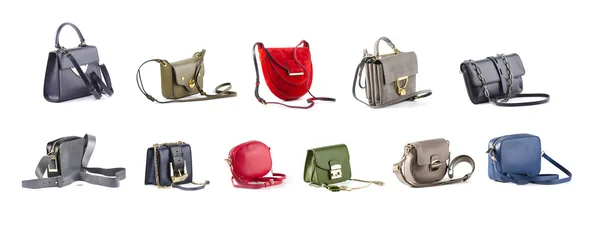 Group of color leather women handbags isolated on white background — Stock Photo, Image