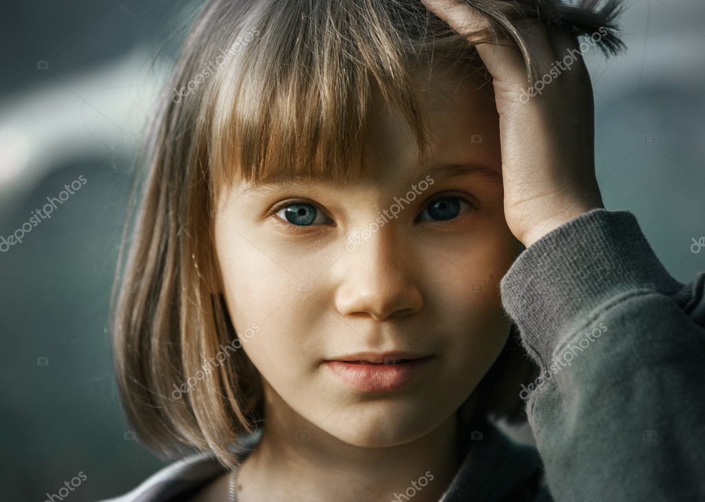 Short Blonde Hair Blue Eyes Sad Teenager Girl With Short Blonde