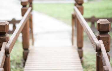 yeşil çim zemin üzerine Park ahşap köprü