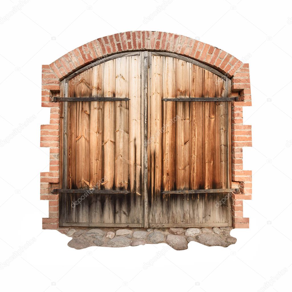 old wooden door with wrought iron elements isolated on white background