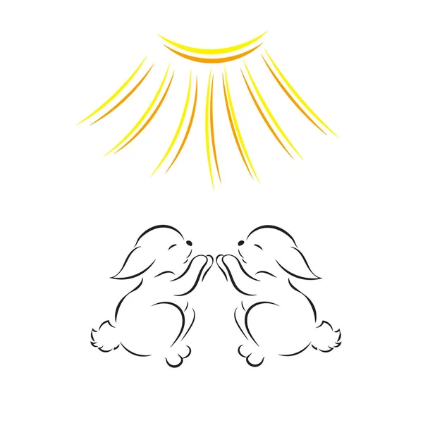 Vector image silhouettes of two cute rabbits under bright sun isolated on white background