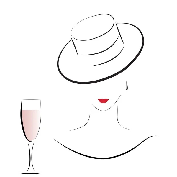 Woman with red lips in fashion hatand a glass of pink wine — Stock Vector