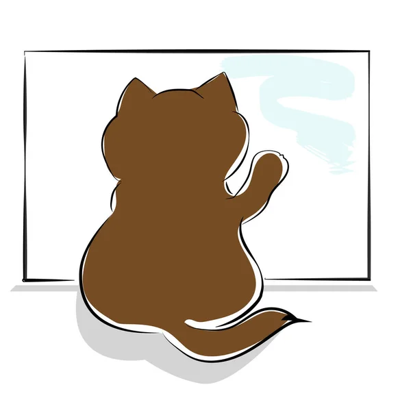 Vektor braun Zeichnung süße dicke Katze sitzt in der Nähe des Fensters, Rückansicht — Stockvektor