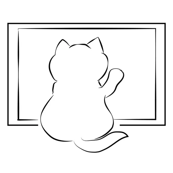 Vektor schwarze Umrisse zeichnen süße dicke Katze, die sich zurücklehnt und mit einer Pfote am Fenster wedelt. — Stockvektor