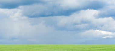 Düz yeşil bir arazide yağmurdan önce bulutlu bir gökyüzü.