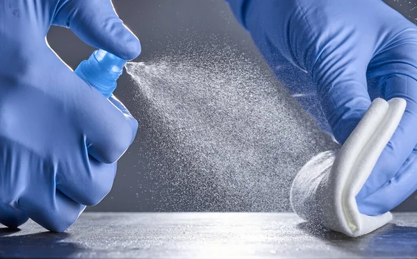 Lastik eldivenli eller, gri bir arka planda dezenfektan spreyi ile masayı tedavi eder. Binanın dezenfeksiyonu