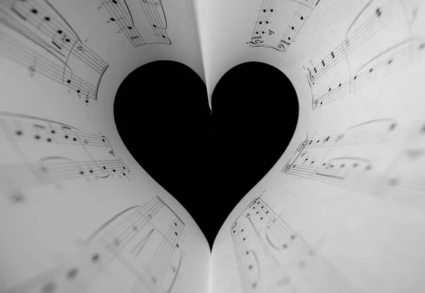 横向拍摄的心脏音乐笔记 对音乐的热爱的黑白概念 — 图库照片