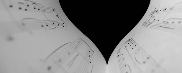 Horizontal shot of part of the heart music notes. The black and white concept of the love of music.