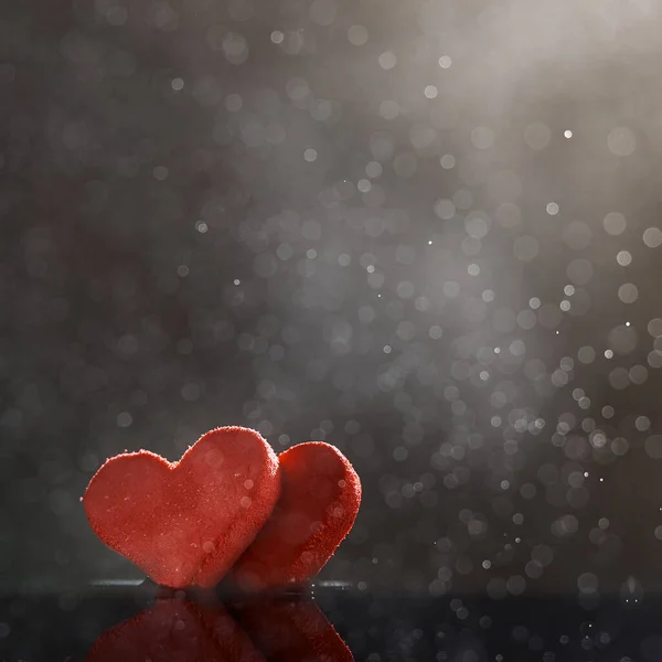 Square Shot Two Red Hearts Rain Drops Illuminated Warm Light — Stock Photo, Image