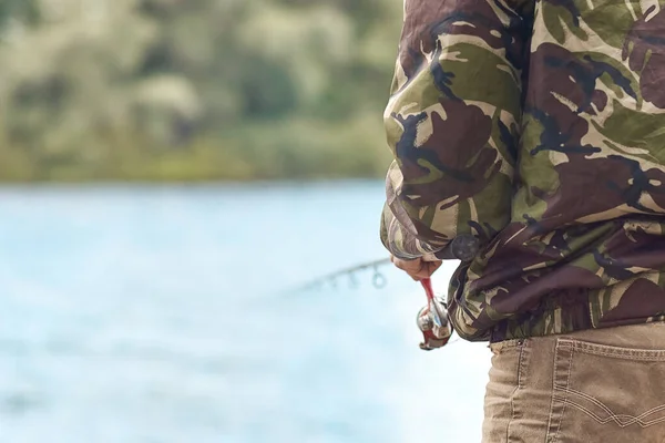 Horizontal Shot Fisher Man Fishing Spinning Rod River Bank Background — Stock Photo, Image