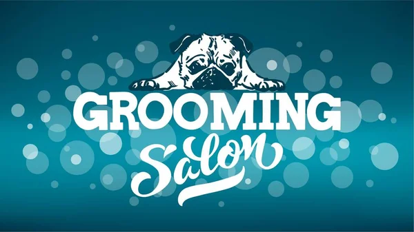 Logo for dog hair salon, dog styling and grooming shop, store for pets. Illustration on blue background.