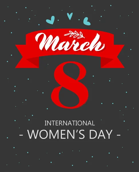 Banner for International Women\'s Day. Flyer on March 8. Greeting card with red number 8, with ribbon and with text on dark grey background