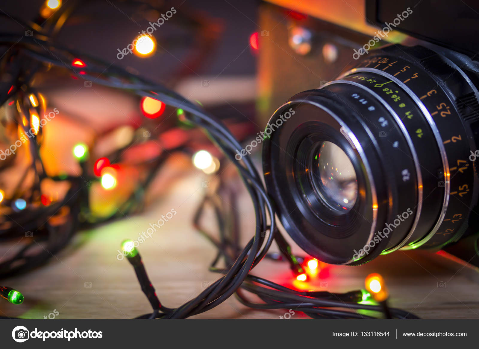 Download Vintage Camera Lens With Garland Christmas Lights On Colorful Bokeh Background Mockup For Holiday New Year Greeting Card Stock Photo C Hlorgeksidin 133116544 PSD Mockup Templates