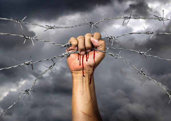 Hand holding a barbed wire on black background , The concept of malice