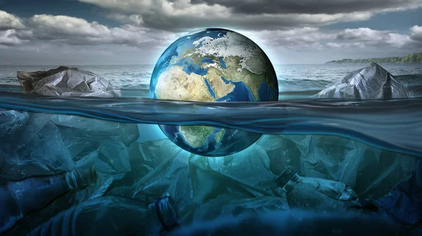 Tierra Flota Mar Llena Basura Contaminación Concepto Medioambiental Imagen Tierra — Foto de Stock