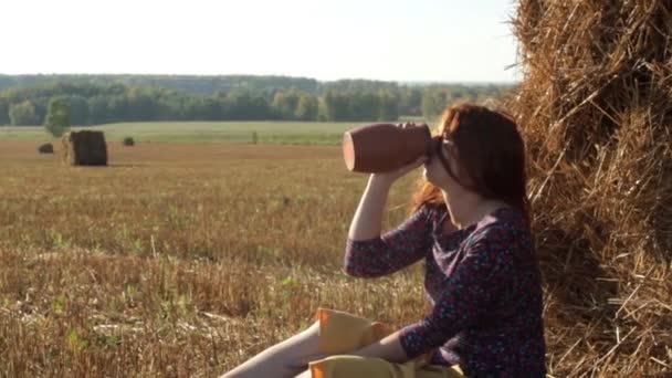 Vrouw in het hooi rusten op een warme dag — Stockvideo