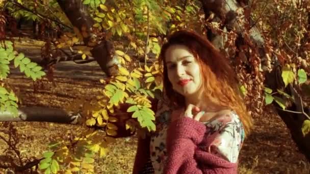 Donna felice nel parco d'autunno — Video Stock