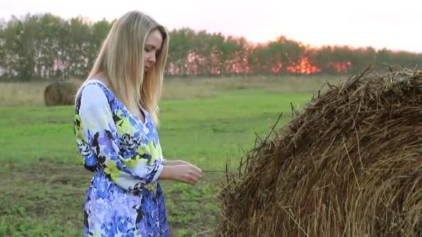 Блондинка в длинном платье возле соломенных снопов — стоковое видео