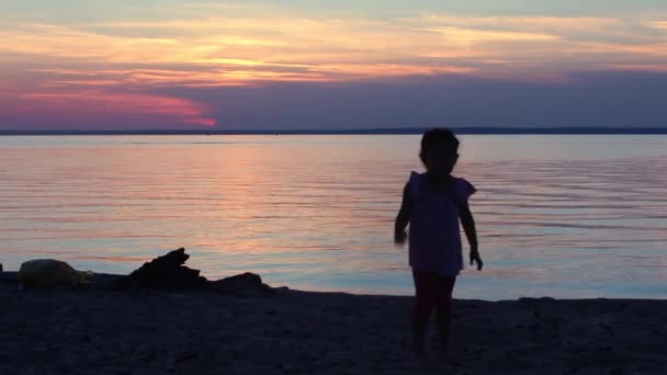 Silhouet van een jong meisje op het strand bij zonsondergang — Stockvideo