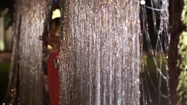 Two young women photographed in shiny tinsel — Stockvideo