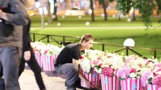 Russland, nowosibirsk, bis zum 25. august 2016. Vorbereitung auf die Feiertage. Parkdekoration Blumen in Kästen — Stockvideo