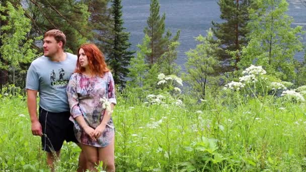 คู่รักที่มีความสุขบนทุ่งหญ้าสีเขียวริมทะเลสาบเพลิดเพลินกับความงามของรอบ ๆ — วีดีโอสต็อก