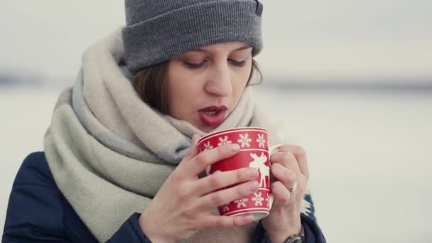 年轻女子享受早上的咖啡或茶的背景下的雪地平线上散步 — 图库视频影像