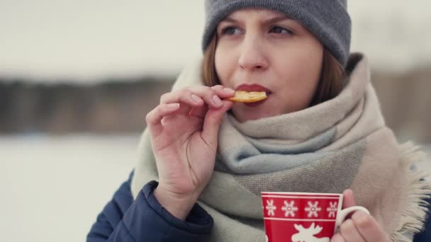 Jovem mulher desfrutando de seu café da manhã ou chá no fundo de um horizonte nevado enquanto caminha — Vídeo de Stock