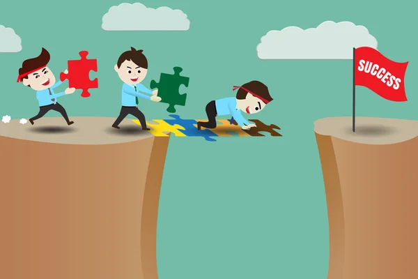 Travail d'équipe, hommes d'affaires assemblant les pièces d'un pont puzzle — Image vectorielle