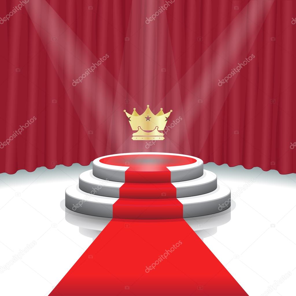 Illuminated stage podium with crown, red carpet and curtain background for award ceremony,  Vector illustration