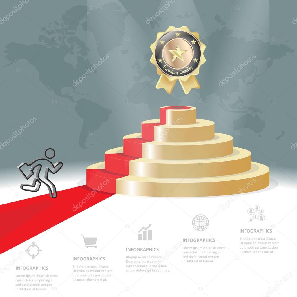 Five staircase strategy steps go to golden badge, Vector infographics