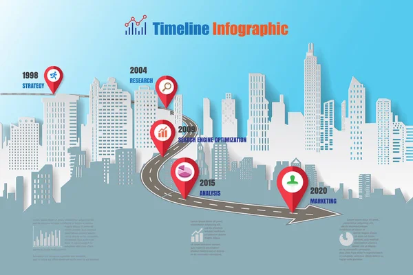 Routekaart Timeline Infographic, papier kunst vectorillustratie — Stockvector
