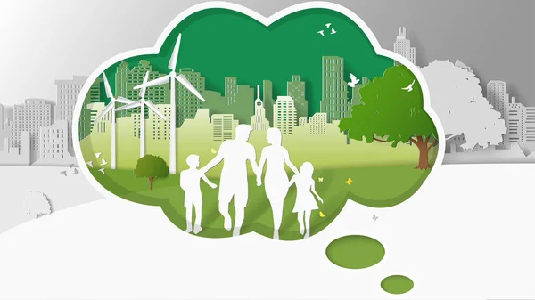 Zielona energia koncepcje, rodziny są spacery w miejskich parkach myślenia pole — Wektor stockowy