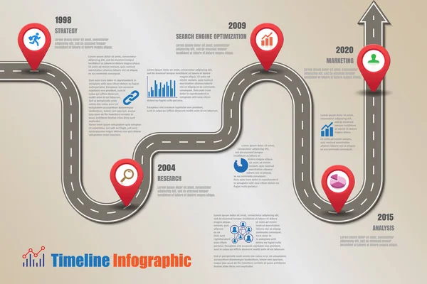 Routekaart Timeline Infographic, vectorillustratie — Stockvector