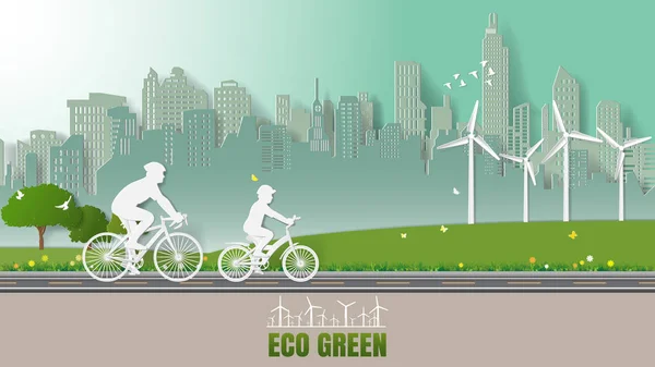 Groene hernieuwbare energie milieuvriendelijk concepten, vader en zoon zijn fiets in stadsparken — Stockvector