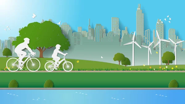 Groene hernieuwbare energie milieuvriendelijk concepten, vader en zoon zijn fiets in stadsparken — Stockvector