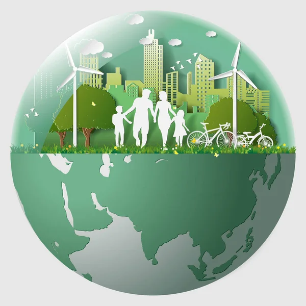 绿色可再生能源生态技术节能环保概念，家庭父男孩女孩走在大理石的城市公园 — 图库矢量图片