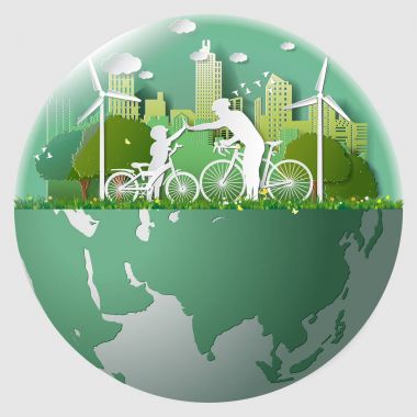 Yeşil yenilenebilir enerji ekoloji teknolojisi güç tasarrufu çevre dostu kavramlar, baba oğul birleştirmek eller mermer şehirde yakınındaki parklarda Bisiklete binme