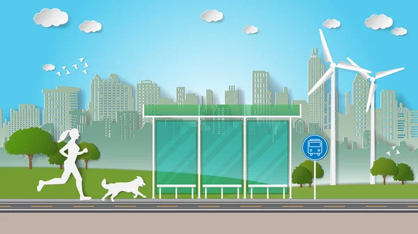 Mulher e cão vão correr através da paragem de autocarro perto do parque verde da cidade —  Vetores de Stock
