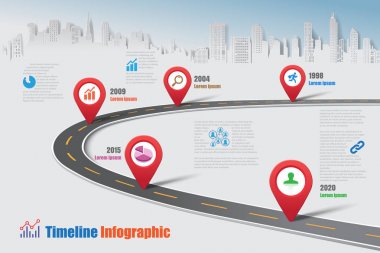 İş yol haritası-zaman çizelgesi Infographic şehir arka plan şablonu kilometre taşı öğe modern diyagramı işlem teknolojisi dijital pazarlama veri sunum grafiği için vektör çizim tasarlanmış