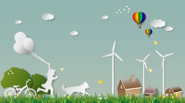 Kağıt Katlama Sanatı origami stil vektör çizim. Yeşil yenilenebilir enerji ekoloji teknoloji çevre kavramları, kız Çalıştır tasarruf güç ve köpek balonlarla Köyü parklar kırsal için basılı tutun