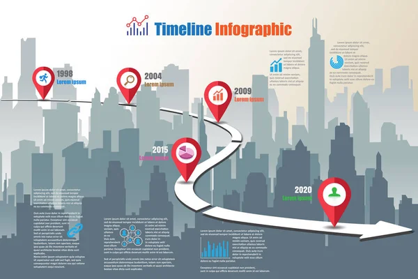 商业路线图时间线图市为抽象背景模板里程碑元素现代图过程技术数字营销数据演示文稿图矢量插画设计 — 图库矢量图片