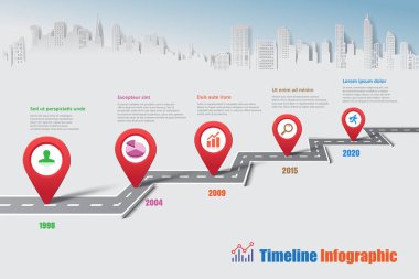 İş yol haritası-zaman çizelgesi Infographic şehir arka plan şablonu kilometre taşı öğe modern diyagramı işlem teknolojisi dijital pazarlama veri sunum grafiği için vektör çizim tasarlanmış