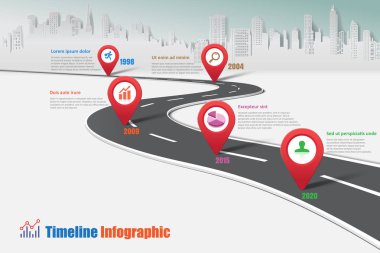 İş yol haritası-zaman çizelgesi Infographic şehir arka plan şablonu kilometre taşı öğe modern diyagramı işlem teknolojisi dijital pazarlama veri sunum grafiği için vektör çizim tasarlanmış