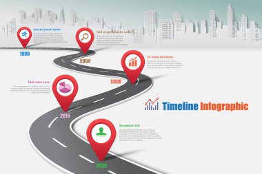 İş yol haritası-zaman çizelgesi Infographic şehir arka plan şablonu kilometre taşı öğe modern diyagramı işlem teknolojisi dijital pazarlama veri sunum grafiği için vektör çizim tasarlanmış