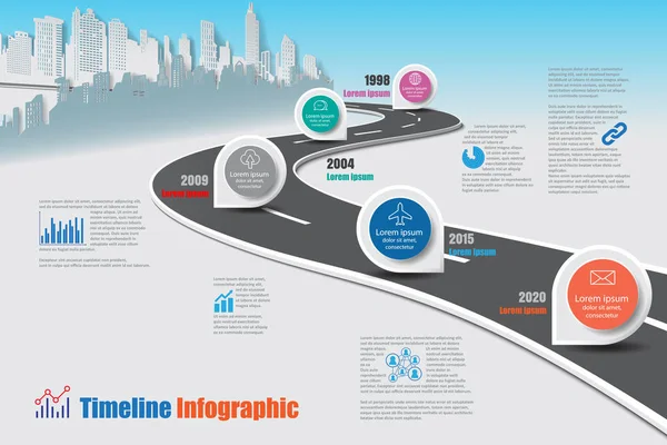 Yol Haritası Zaman Çizelgesi Infographic Şehir Arka Plan Şablonu Kilometre — Stok Vektör