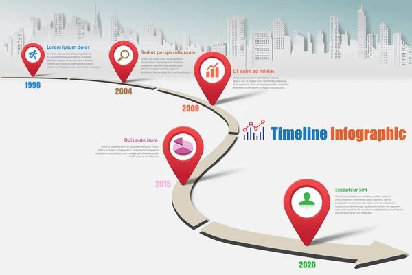 Biznesowe Mapy Drogowej Osi Czasu Infografikę Miasto Przeznaczone Streszczenie Tło — Wektor stockowy